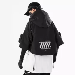 2024 Hotsale Techwear Style Hip Hop Cropped Jacket Pullover Mens Punk Motorcycle Hooded Cloak Multi-pockets Jaqueta