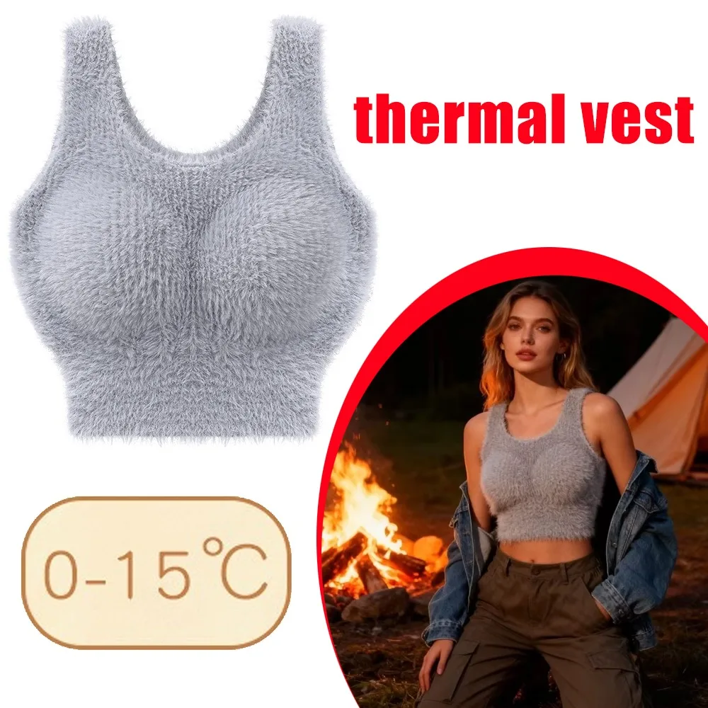 Zimowa Jesienna Damska Pluszowa Bielizna Termiczna Koszulka na Ramiączkach Top Biustonosz z Wkładkami Grube Polarowe Ciepłe Podkoszulki Warstwa Bazowa