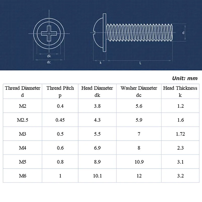 5/10/20PCS 316 stainless steel round head screws with washers M3 M4 M5 M6 Phillips machine screws Length 4-50mm