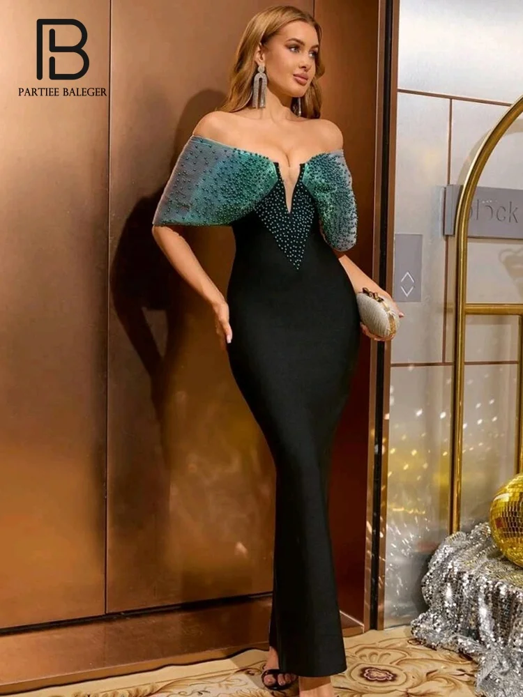 

PB Glamorous Black Off-the-Shoulder Mermaid Gown with Emerald Green Embellishments for Formal Galas & Special Evening