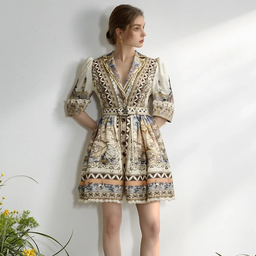 

Highest Quality Version French Vintage Palace Dress Women Lapel Short Sleeve Elegant A-Line Summer Dress Retro Print Waist Belt