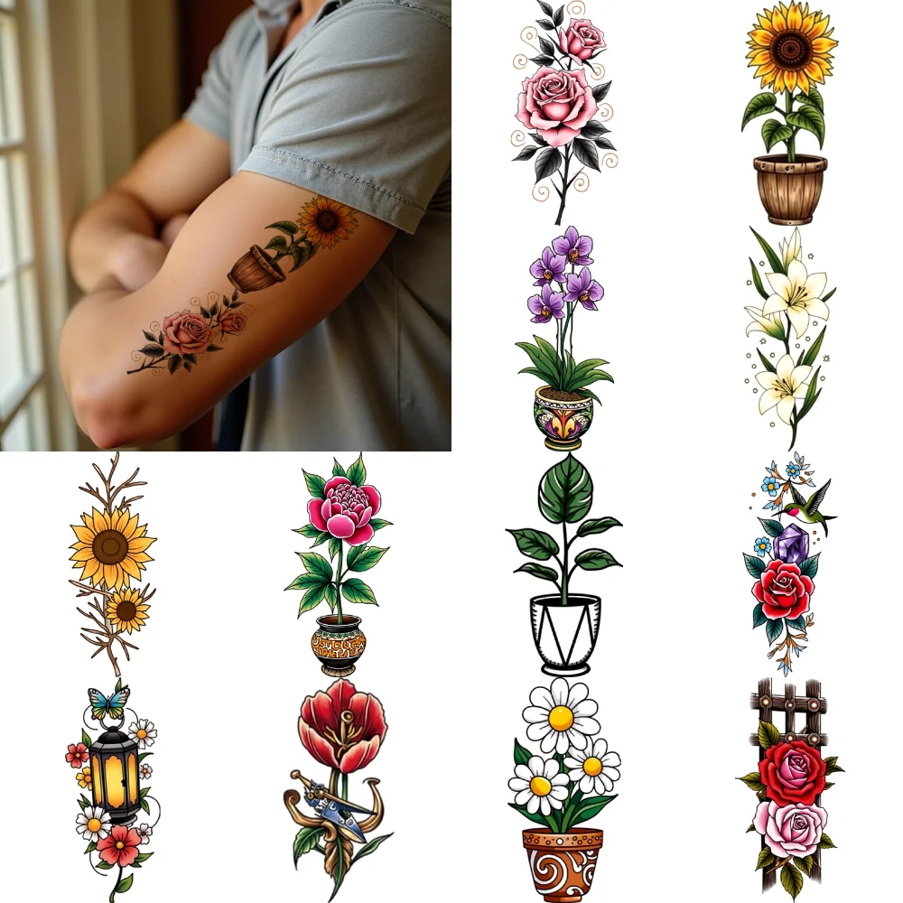 

28pcs Temporary Tattoo New School Traditional Orchid Cactus Sunflower For Shoulders Women Chest