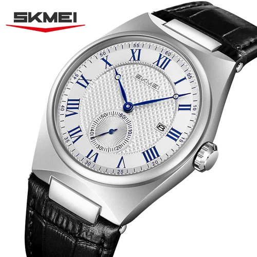 Imagen 1 del producto Reloj de cuarzo SKMEI 9390 elegante para hombre, calendario a escala romana, correa de cuero resistente al agua, relojes de negocios informales para hombre