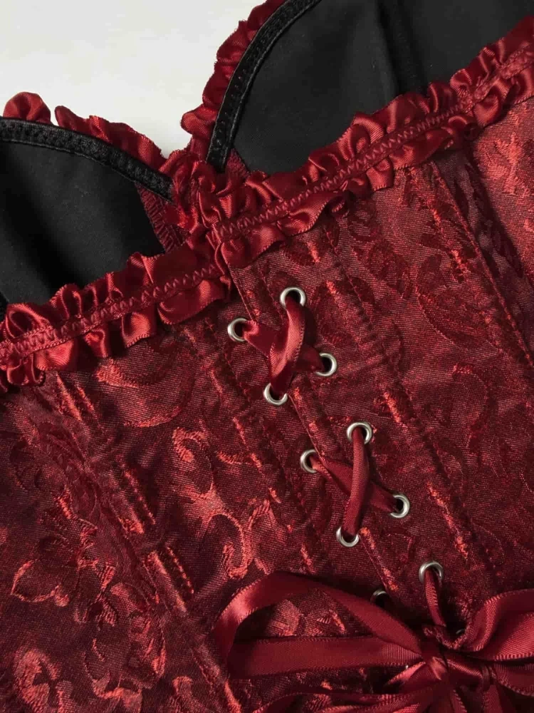 Weinrotes Overbust-Korsett aus Jacquard, trägerlos, mit Rüschen vorne, Schnürung hinten, tailliert, für Party- und Clubwear – Detail 10
