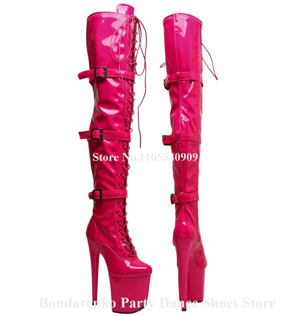 Bondarenko Slim Pink Brown Patent Leather Stiletto Over Knee Boots Round Toe Lace-up High Platform 20cm Thin Heel Dance Shoes