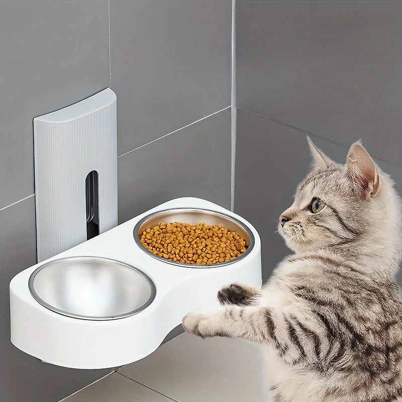 

Cat Bowls, Plastic Neck Guard Double Feeder With Adjustable Height For Cats, Detachable And Wall-Mounted Design