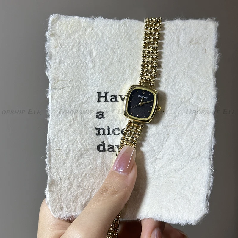 Fashionable Square Watch Golden Rectangular Box Elegant Steel Watch Retro Bracelet Strap Exquisite Watch