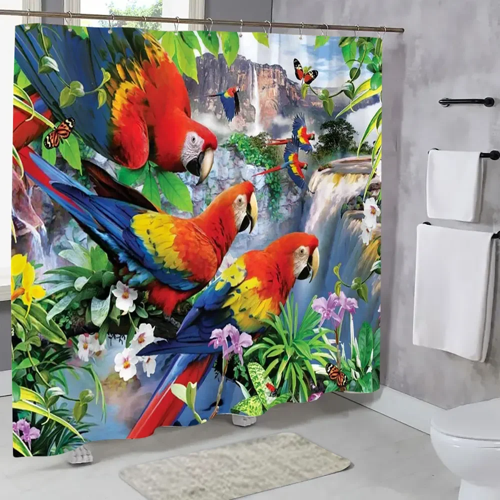 Popular Parrot Shower Curtain Mountain Waterfall Picturesque Colourful Animals Polyester Fabric Shower Curtains Bathroom Decor