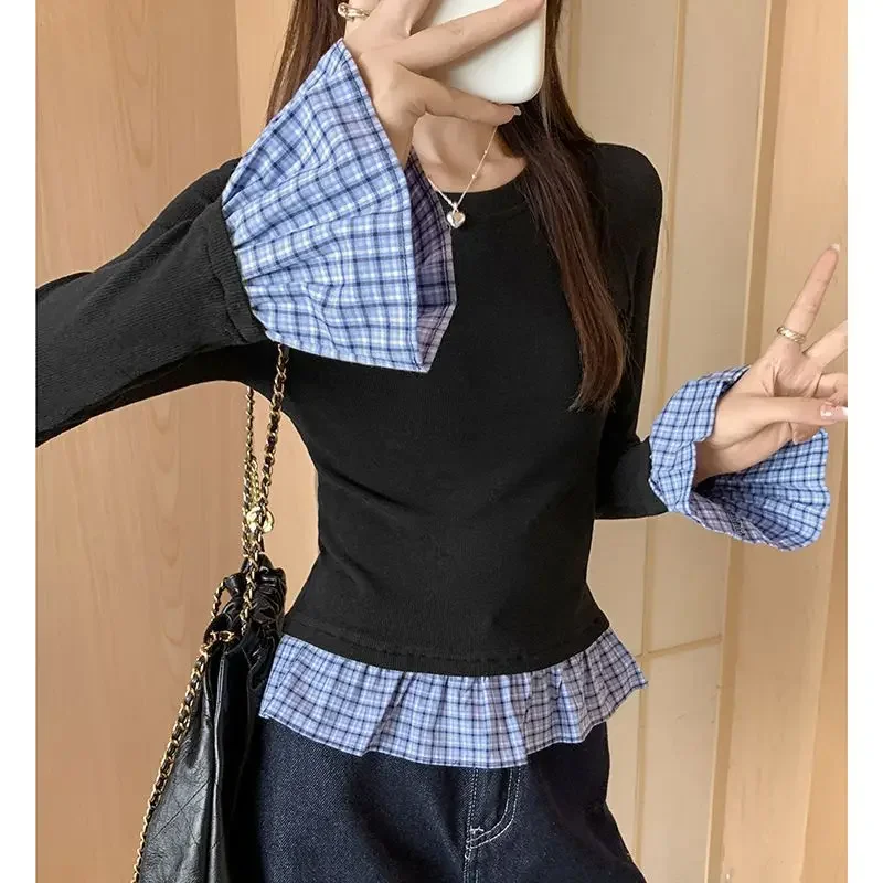 2024 Winter New Polished Fake Two-piece Spliced Long-sleeved Bottoming Shirt