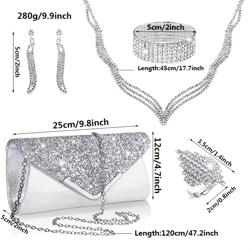 6 Pieces of Earrings, Necklaces, Bracelets, Rings, Bags. Luxury Jewelry Set with Sparkling Rhinestones and Exquisite Evening