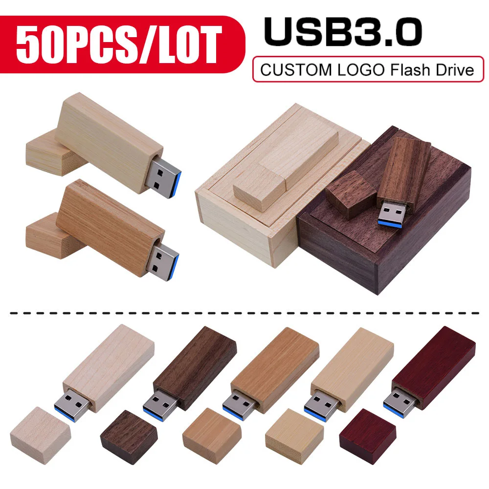 50pcs/lot Custom Logo Wooden USB 3.0 Flash Drive Pen Drive 8gb 16gb 32gb Pendrive 64gb 128gb USB Stick Photography Business Gift