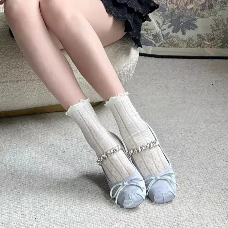 White Black Women's Thin Cotton Socks Girls' Hollow Out Round Dot Retro Ruffle Edge Short Sock Pregnant Women's Soft Cotton Sock