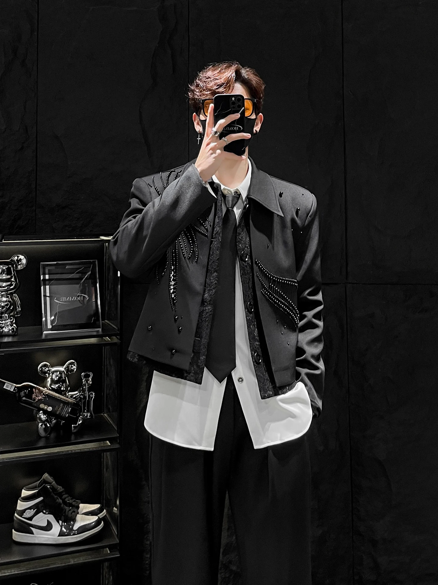 

Heavy-Du Bead Design Splice ort Jaet Men's Trendy oulder Pad Outerwear Korean Sle Youthful Polyester Fiber Jaet