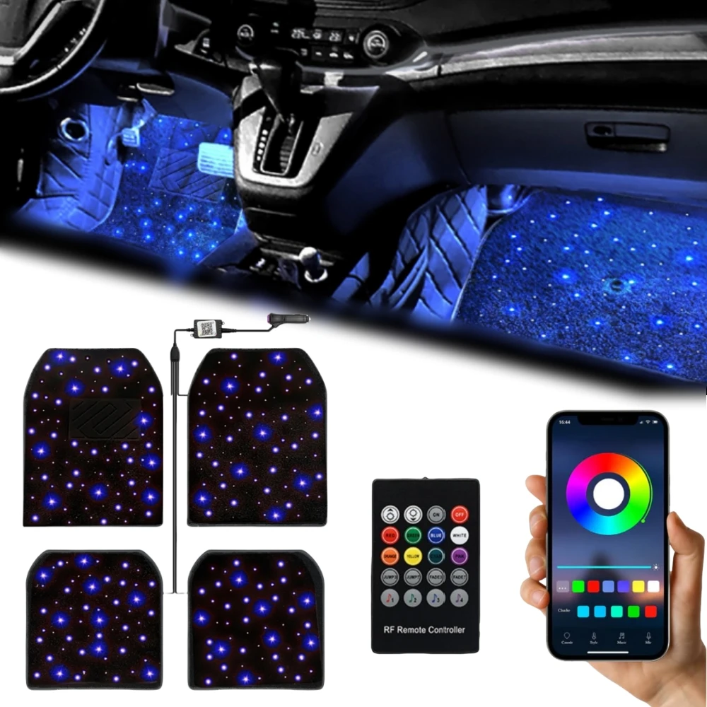 2/4PCS Fiber Optic Twinkle Car Mats WaterProof LED Star Rugs APP Remote Control RGB Music Sync Universal Fit for SUV Sedan Van