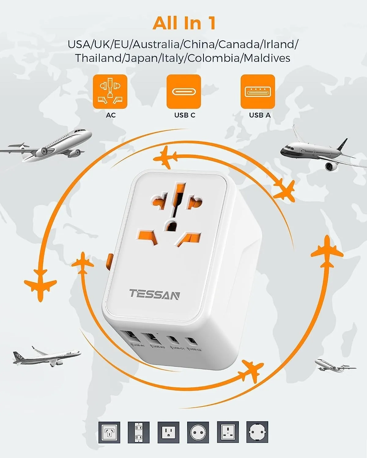 TESSAN-adaptador Universal GaN de viaje para todo el mundo, adaptador de corriente de carga rápida USB y tipo C, enchufe EU/UK/USA/AUS, 100W