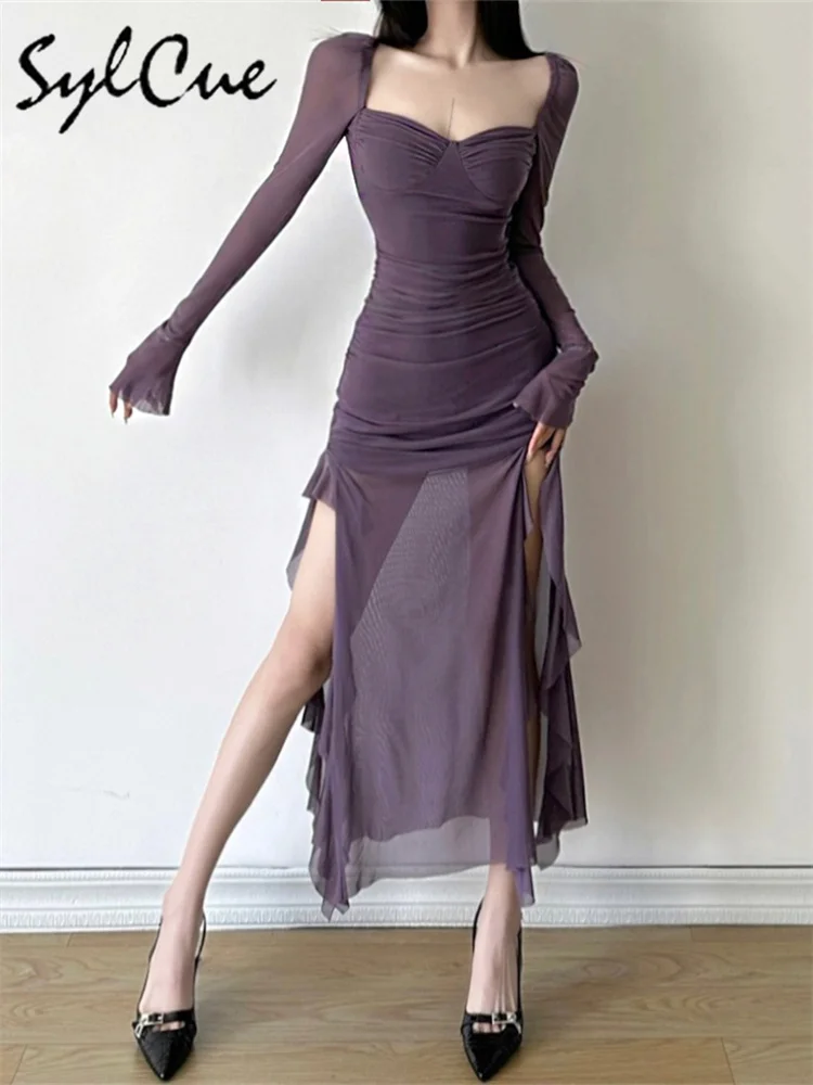 Sylcue Winter Party Queen Purple Mature Sexy Beautiful Confident Elegant Graceful Women'S Translucent Thin Straight Dress
