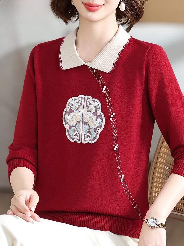 

Новый китайский вязаный свитер с вышивкой для женщин среднего и старшего возраста, осенняя одежда, весенне-осенняя мода, традиционный стиль