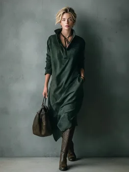 Suede New Dress Pocket Loose Long Casual Dress Solid Color Midi Relaxed Fit Dresses Female Clothing Autumn Winter Dresses