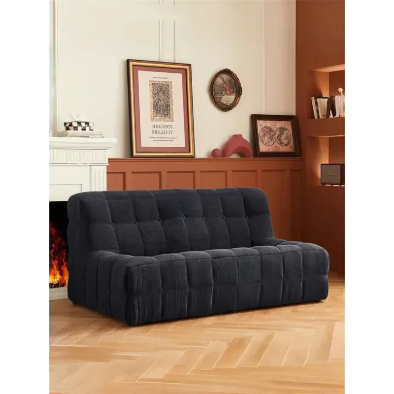 Retro Cream Plaid PU Sofa Armless Straight Couch Vacuum Compressed Space Saving Simple Design for Living Room Single Double