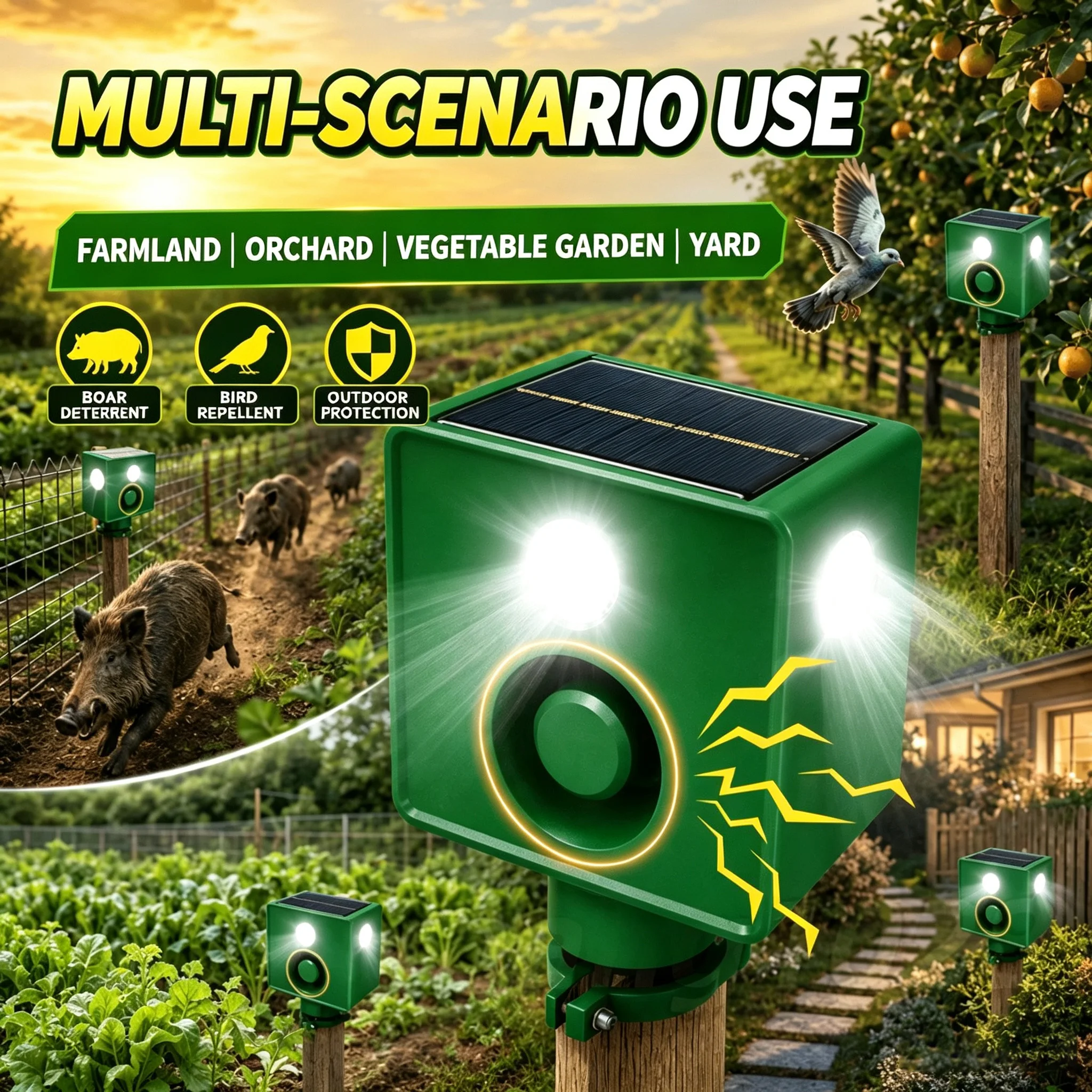 Solar powered animal repeller with an ultra loud alarm  suitable for outdoor farms to deter birds deer pigs  and coyotes