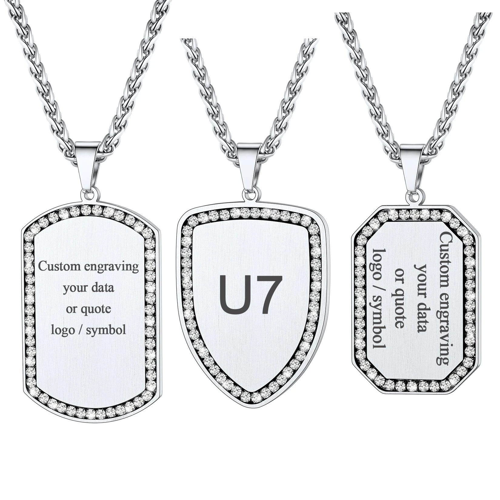 U7 Custom Engrave Stainless Steel Military ID Tag Necklace Deep Engraving Ice Out Hip Hop Jewelry White Crystal Pendant Necklace