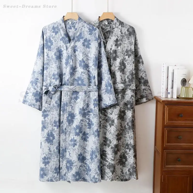 

Кимоно в японском стиле, ночная рубашка с принтом, мужской хлопковый пеньюар, Homme, одежда для сна, мужской осенне-весенний новый халат, ночная рубашка