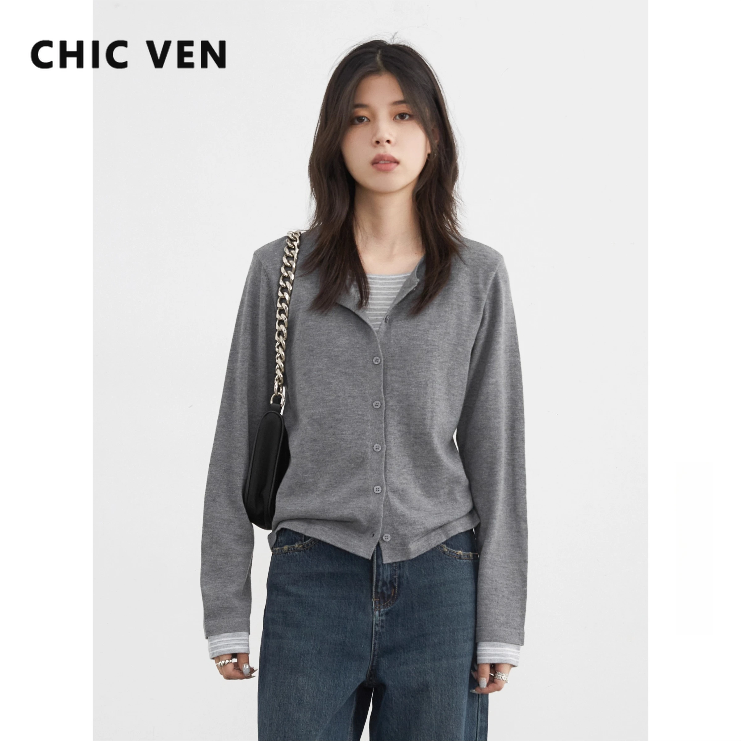 

CHIC VEN Korean Women Sweaters Loose Casual Long Sleeved Knitted T-shirt Patchwork Female Jumpers Spring Summer 2025 Girl Tops