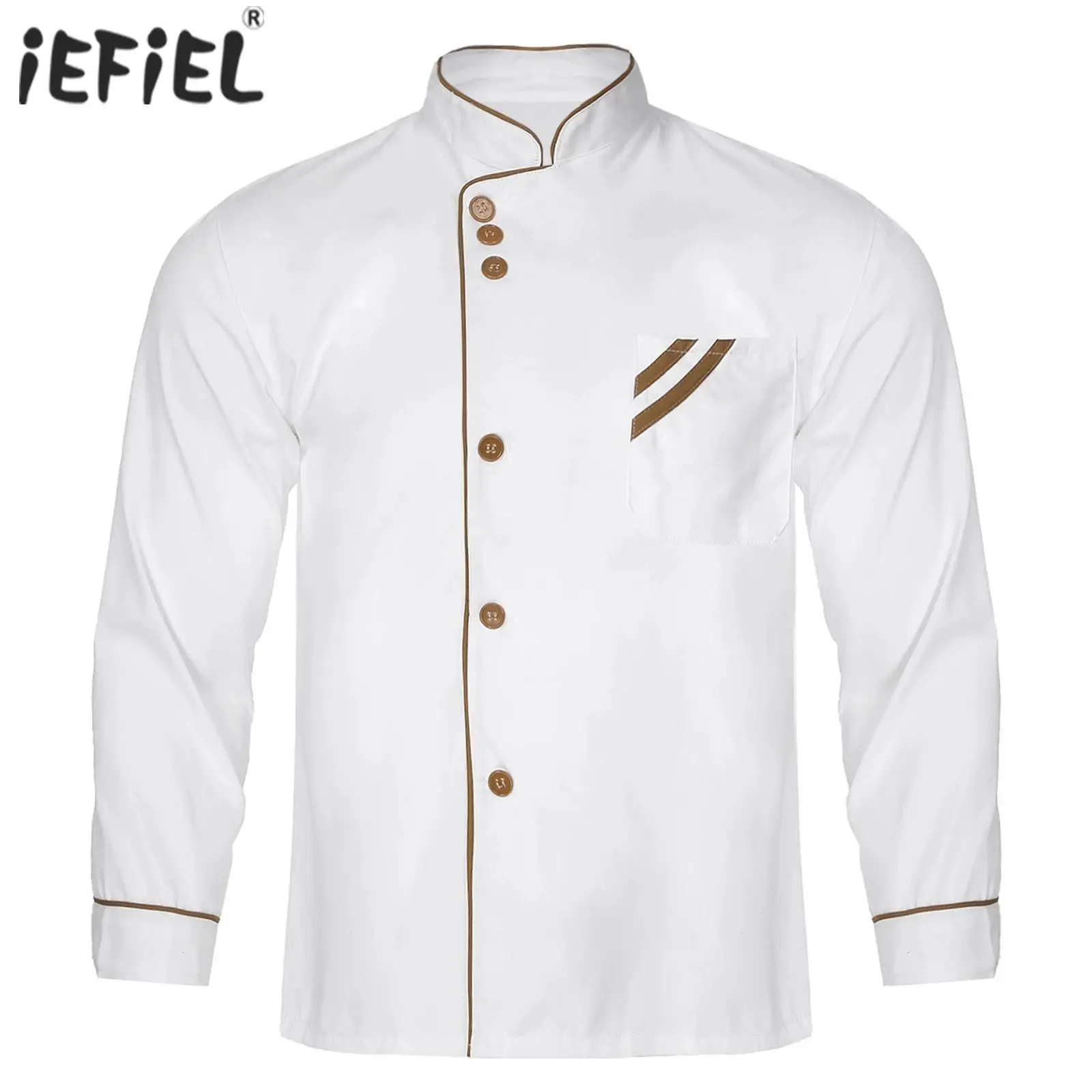 Mens Womens Chef Shirt Long Sleeve Jacket Stand Collar Contrast Trim Button Kitchen Uniform for Restaurant Hotel Bakery Canteen