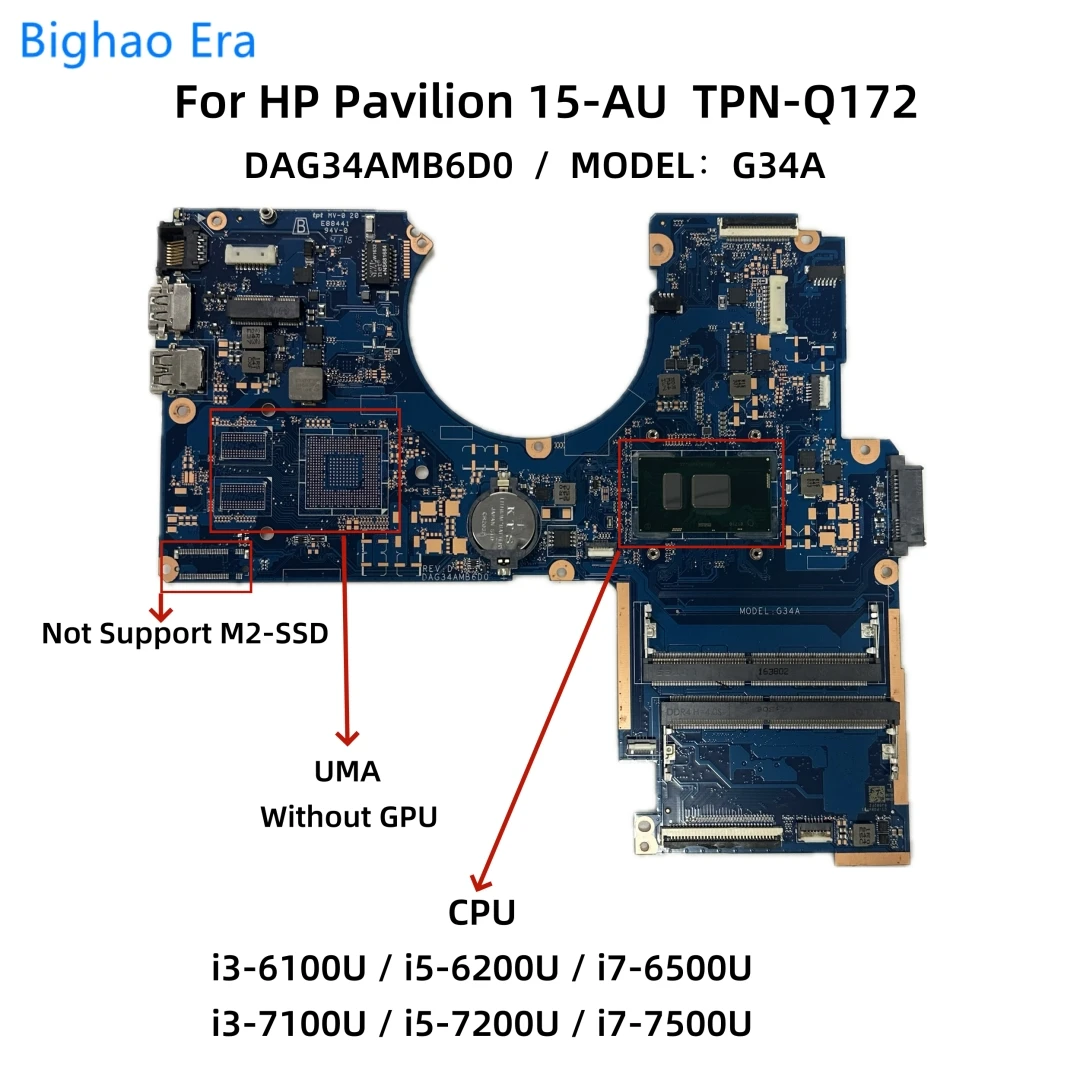 

DAG34AMB6D0 For HP 15T-AU 15-AU Laptop Motherboard With i3-6100U i5-6200U i5-7200U i7-7500U CPU UMA DDR4 907408-601 907409-601