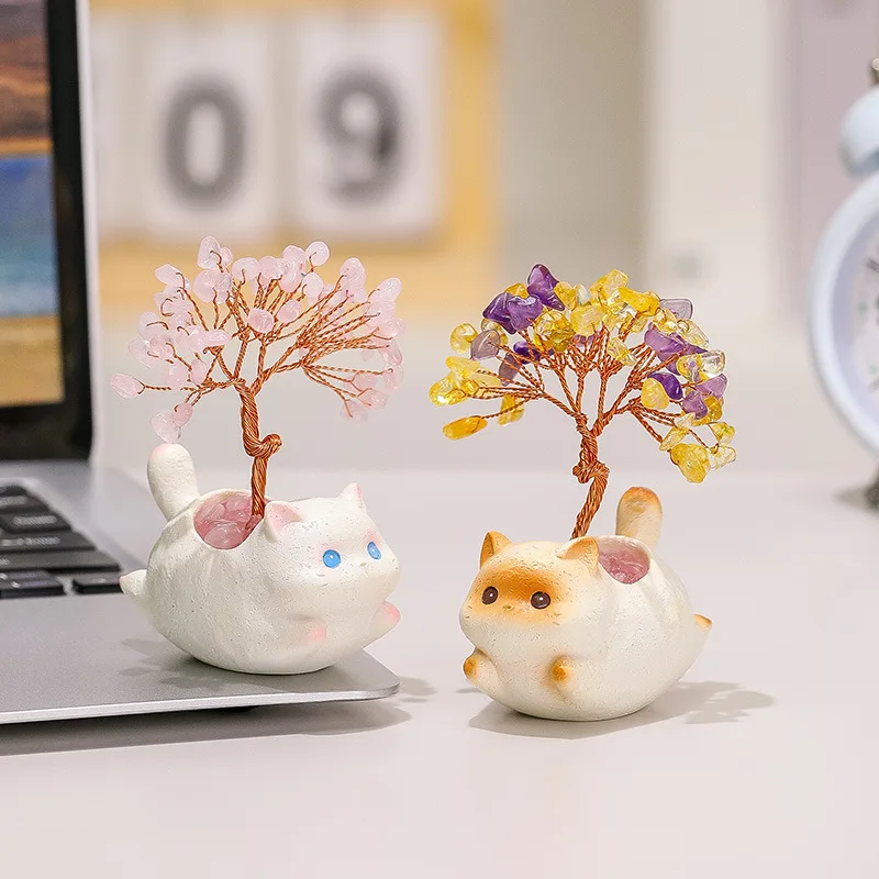 

Cartoon Cute Cat Crystal Tree Miniature Landscape Ornaments Items Resin DIY Home Decorations Desktop Decor Crafts Sculpture Gifl