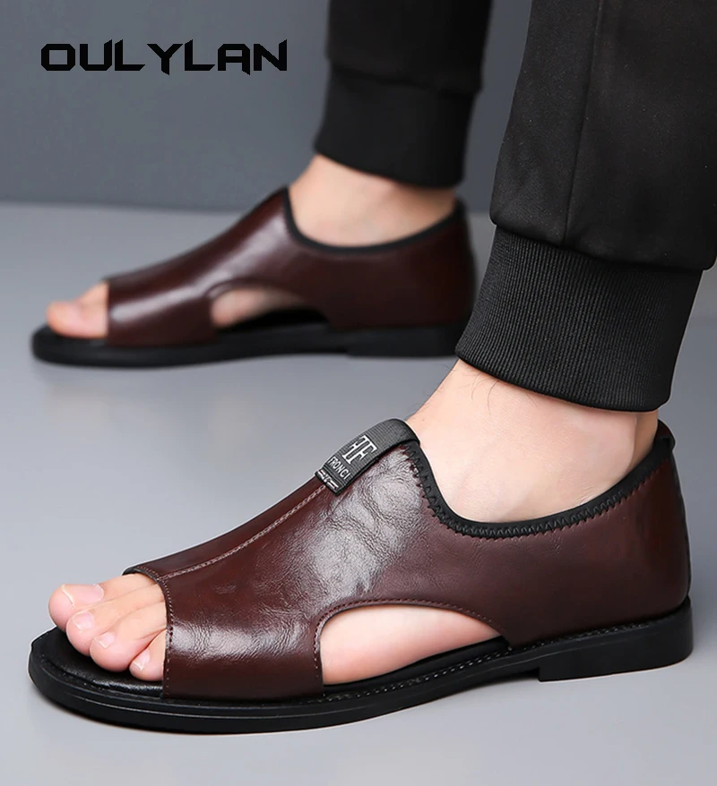 Oulylan-sandalias de cuero antideslizantes para hombre, zapatillas de playa cómodas, informales, de diseñador, a la moda, para verano