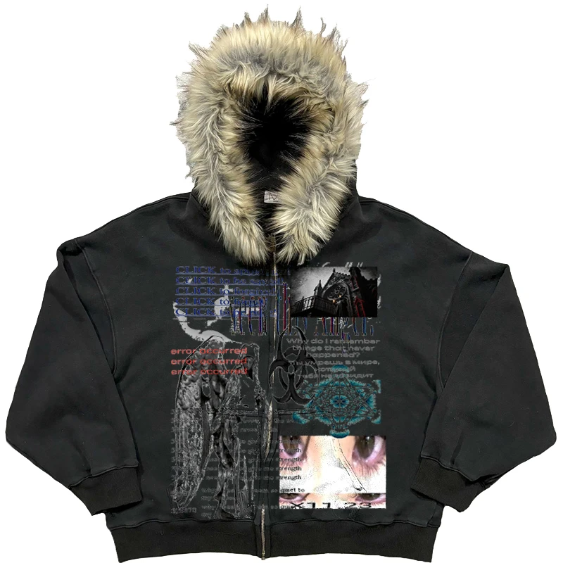 Y2k عنصر الرعب محاكاة ساخرة أفخم سميكة الدافئة الفراء طوق مقنعين سترة كسول سترة أفخم زوجين ايمو الخريف والشتاء معطف #2