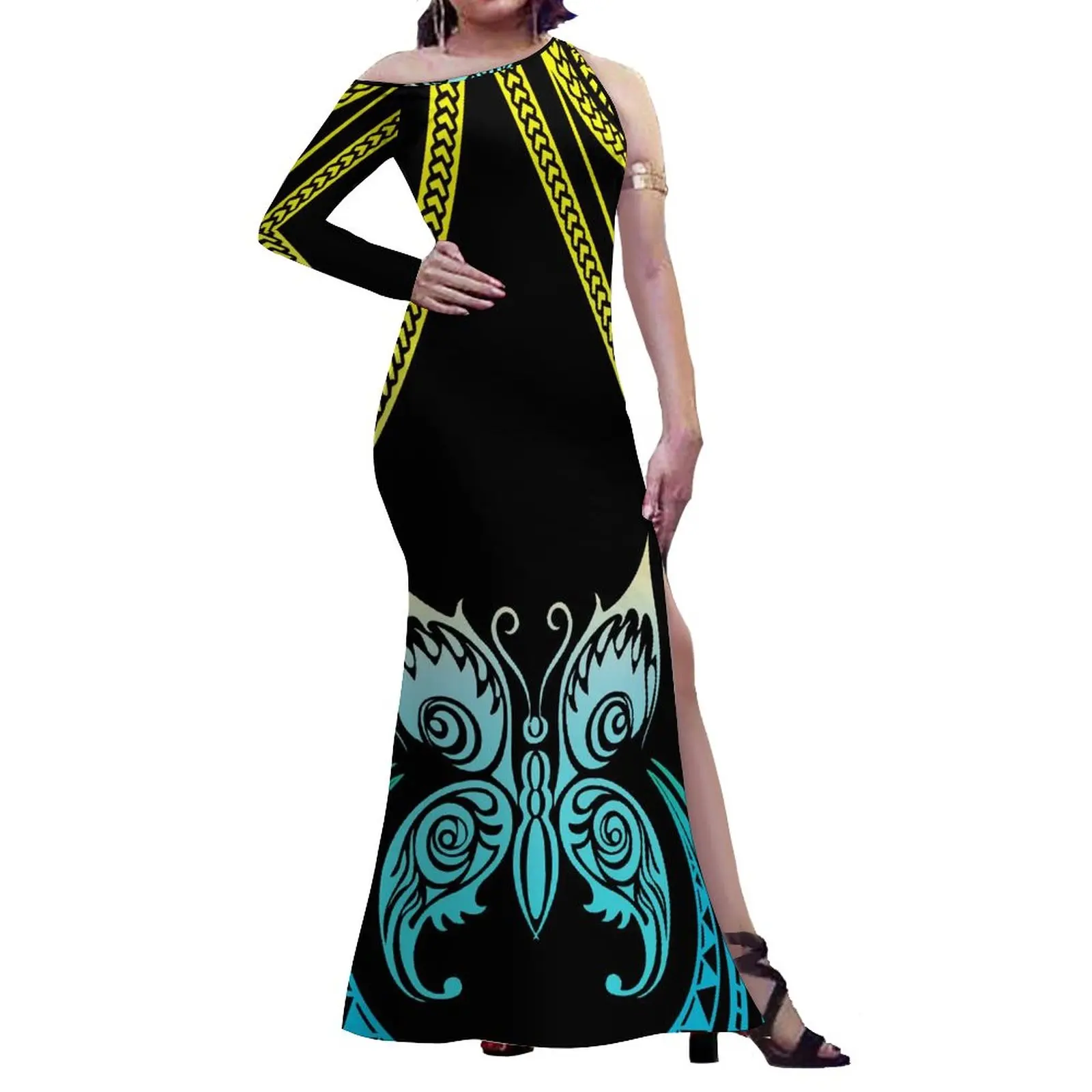 

New Women off shoulder dresses custom Polynesian off shoulder Dress with Shawl lady maxi dress Dropshipping 1 MOQ