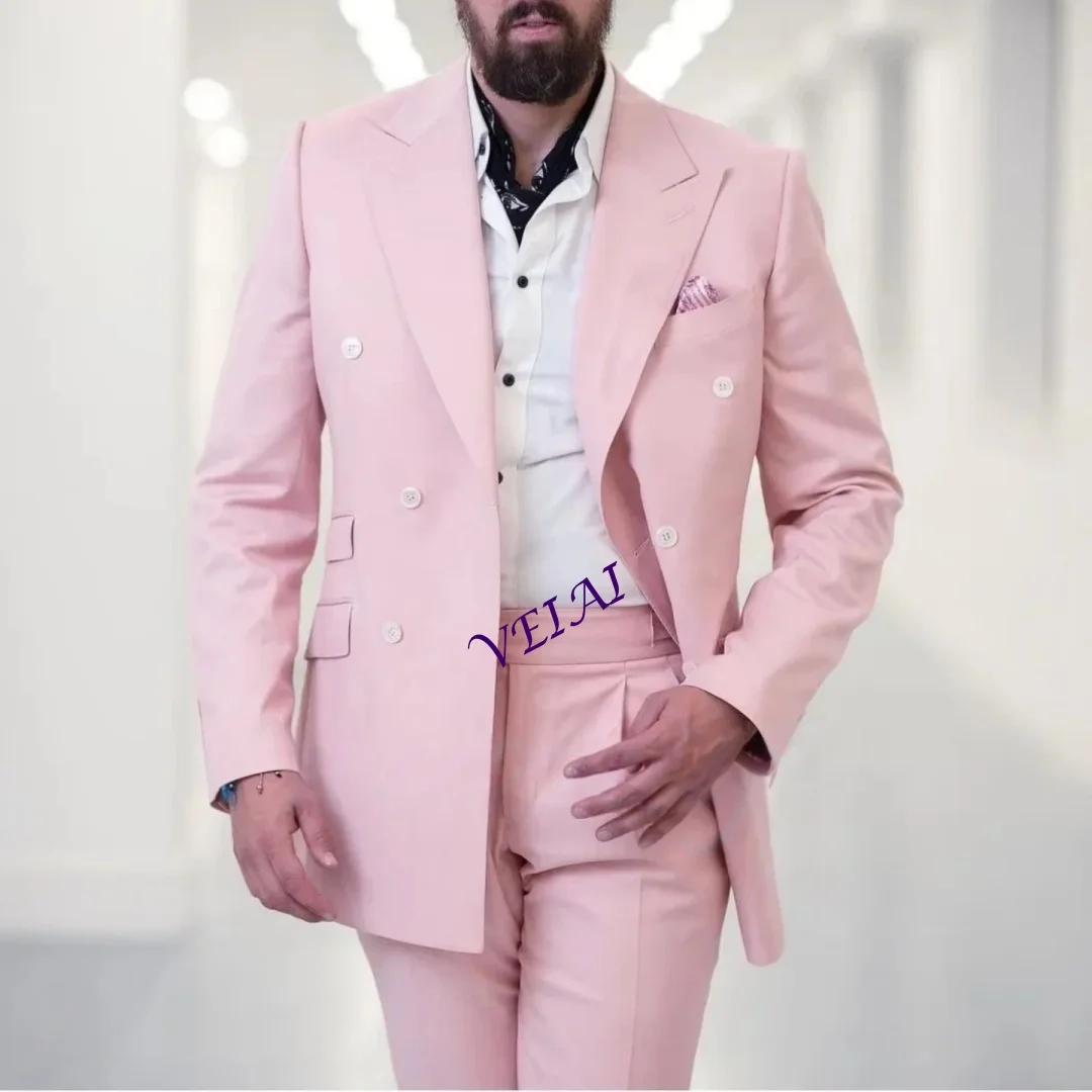 

Мужской розовый костюм-двойка: пиджак и брюки, двубортный, для отдыха, бизнеса, свадьбы, торжеств, индивидуальный пошив