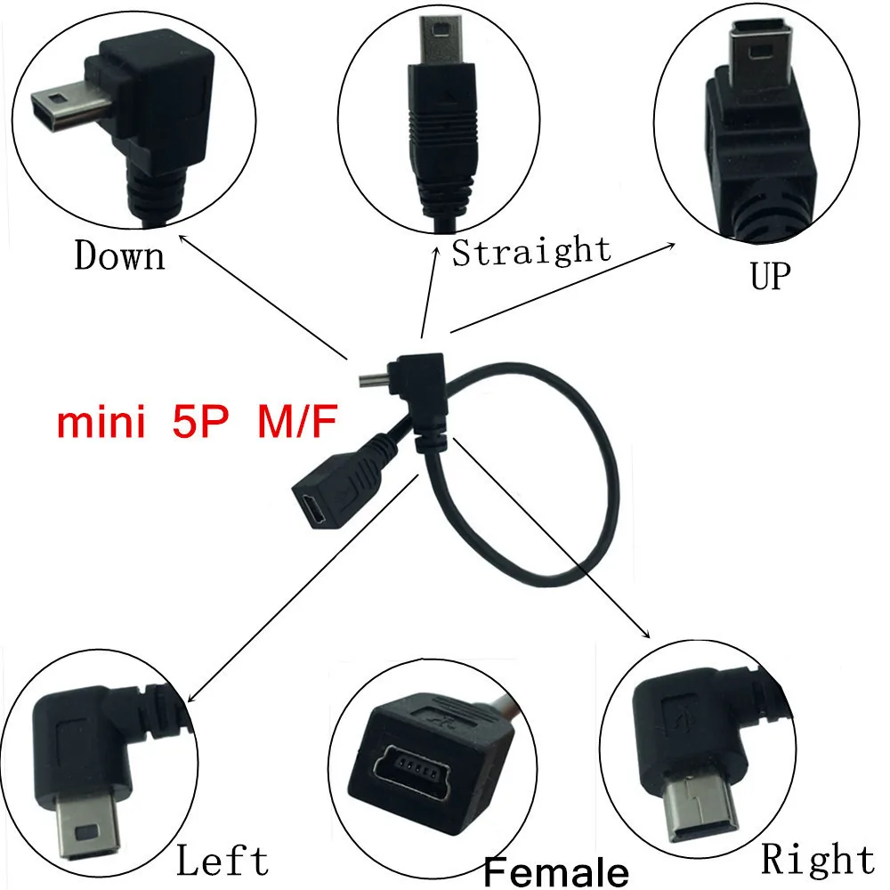 Cabo de sincronização de dados macho para fêmea, ângulo direito e esquerdo de 90 graus mini usb 2.0 5 pinos conector usb de mini plug 0.25m