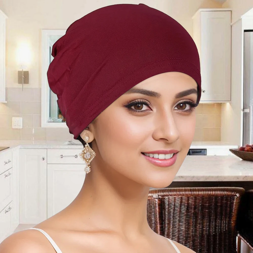 Solid-Color Turban Hat Head Scarf For Ladies Women Causal Turban Cap Headband Breathable Full Cover Hat Headwear For Daily Wear