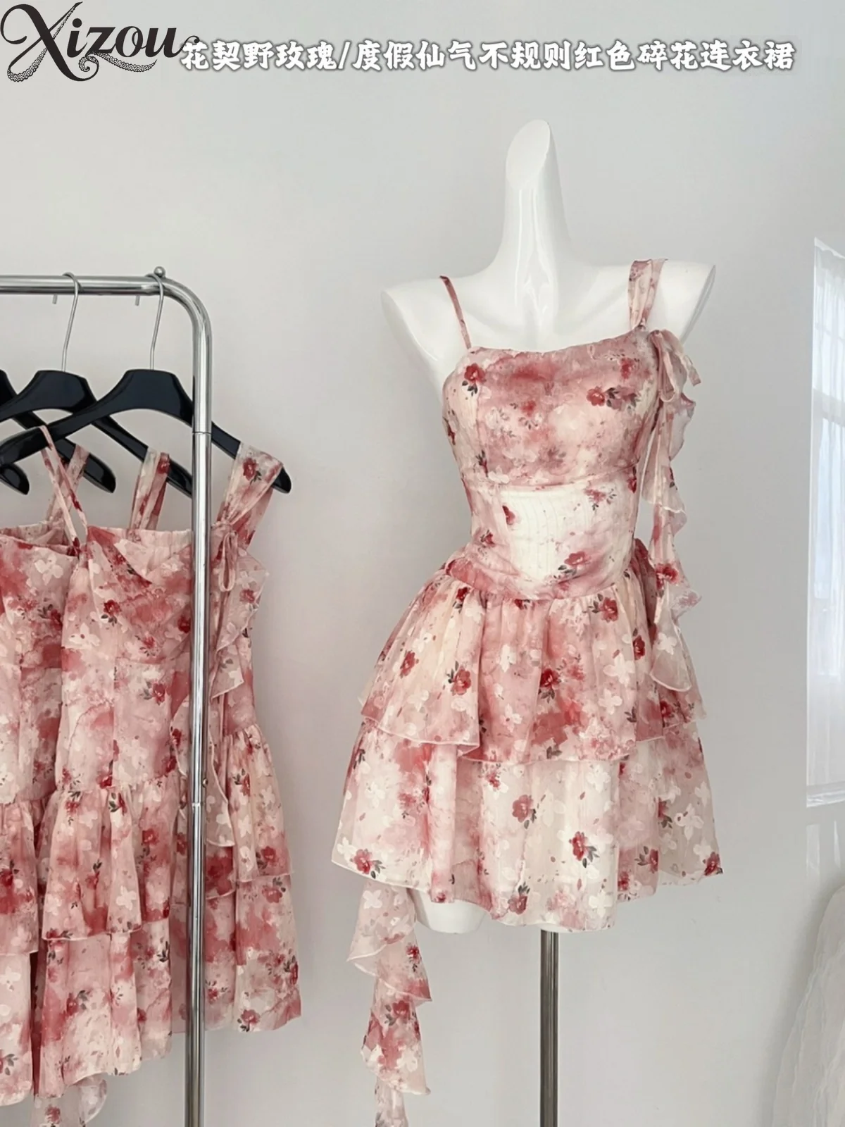 

2025 Fashion Summer Above Knee Women's Short Dresses Holiday Irregular Vintage Suspender Elegant Floral Dress Woman