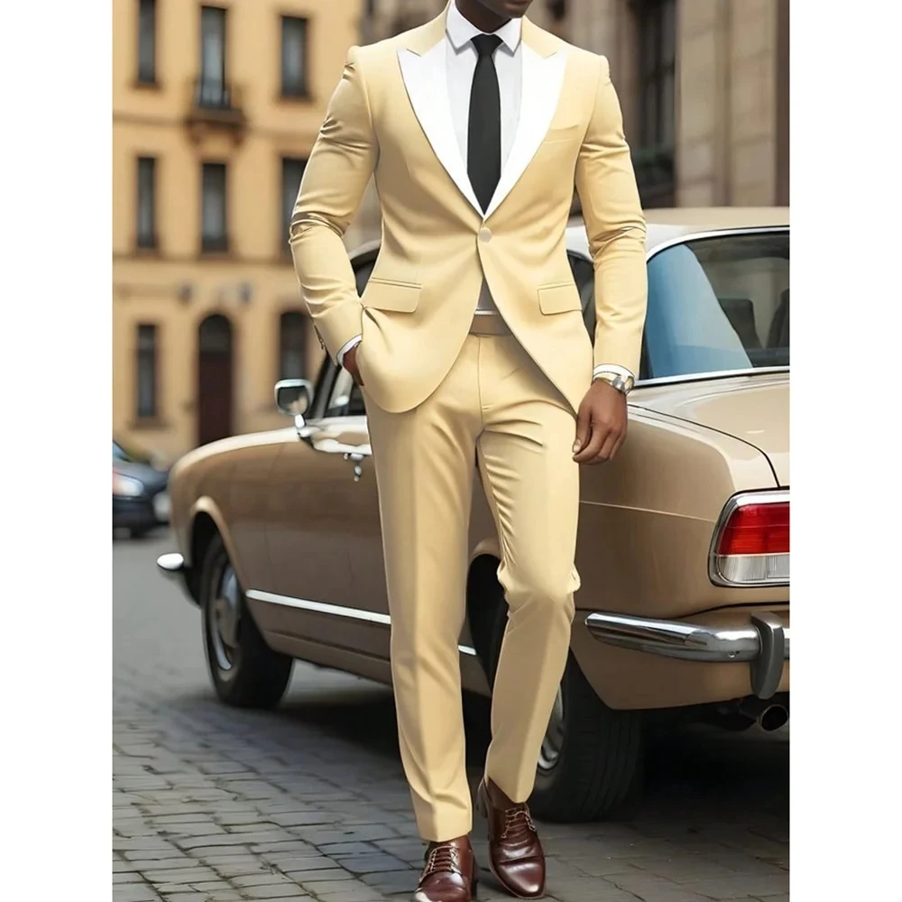 

StreetWear Men Suits 2 Pieces Fashion Jacket Pants Single Breasted Casual Formal Business Groom Prom Custom Daily Male Suit
