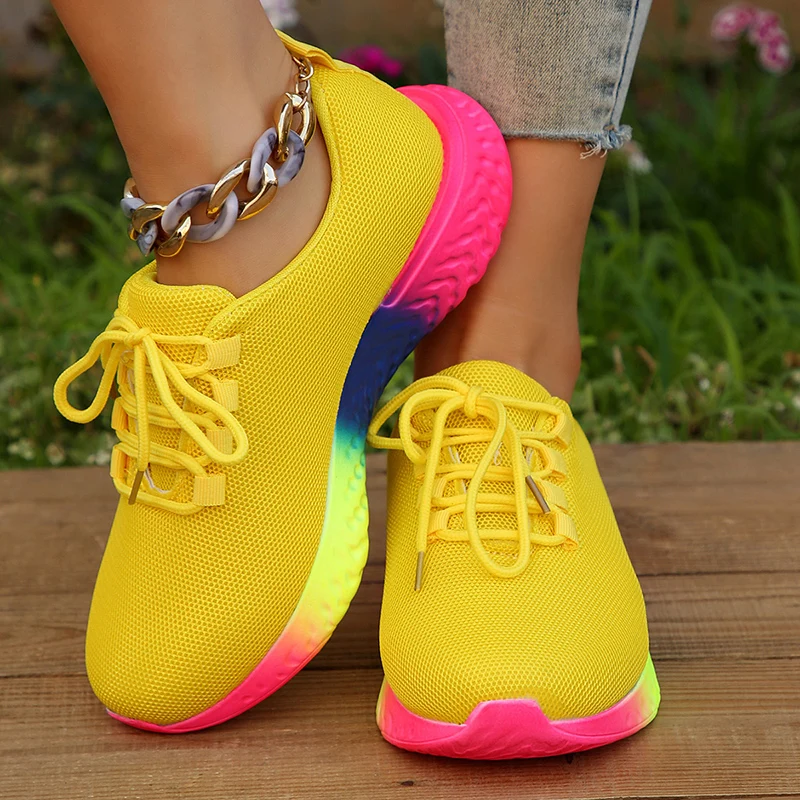 Fashion Rainbow Sole Knit Sneakers Women Mesh Breathable Platform Sports Shoes Woman Non Slip Yellow Running Sneakers Plus Size