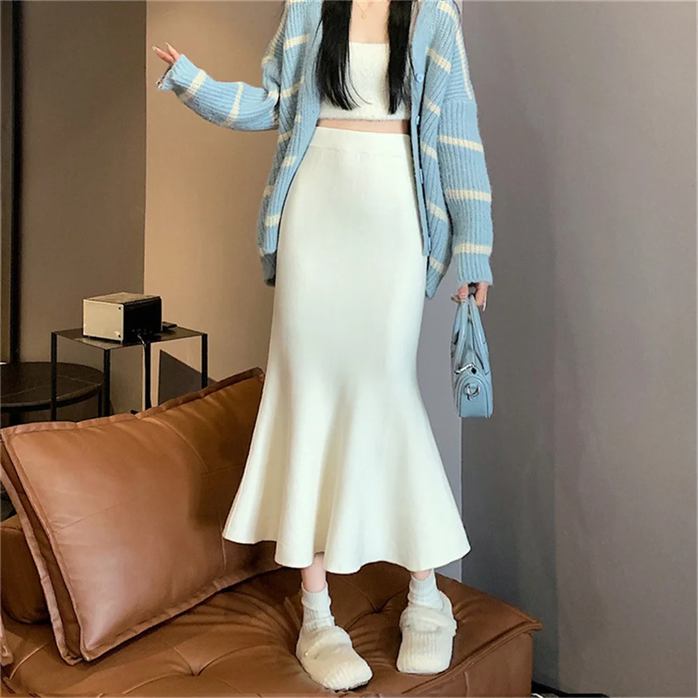 

Fall Winter Women's Skirt Mermaid Skirt High Waist Knitted Warm Long Skirts Elegant White Skirt Female Clothing Ladys Skirts