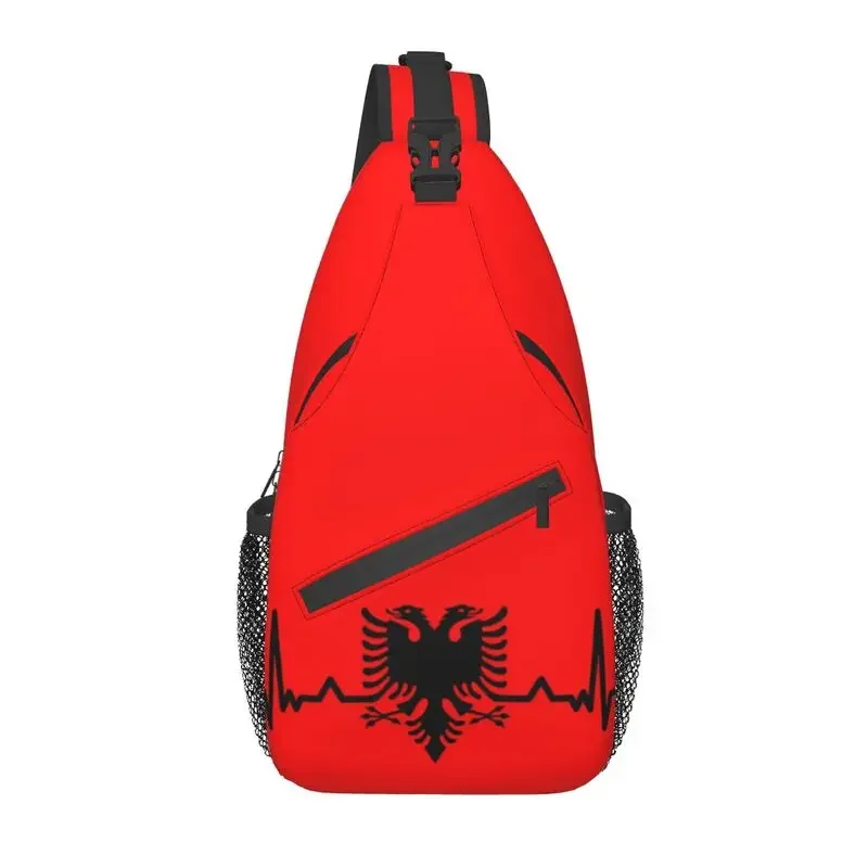 Heartbeat Albania Flag Sling Chest Bag Custom Albanian Eagle Shqiponja Crossbody Shoulder Backpack for Men Traveling Daypack