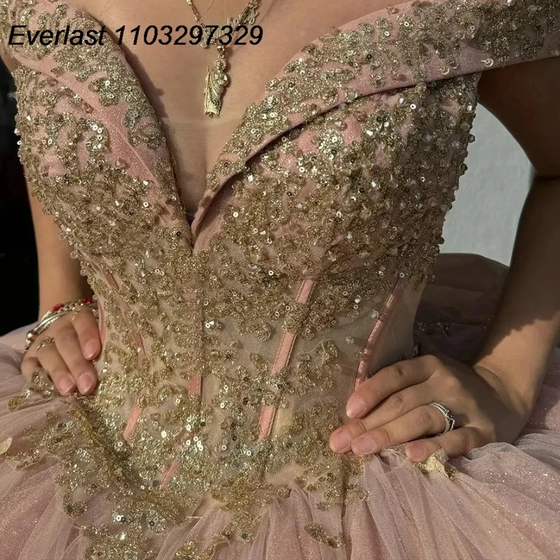 EVLAST-Vestido de Baile Quinceanera Rosa Brilhante, Apliques de Renda Dourada, Arco Beading, Espartilho México, Sweet 16, 15 Anos, TQD365