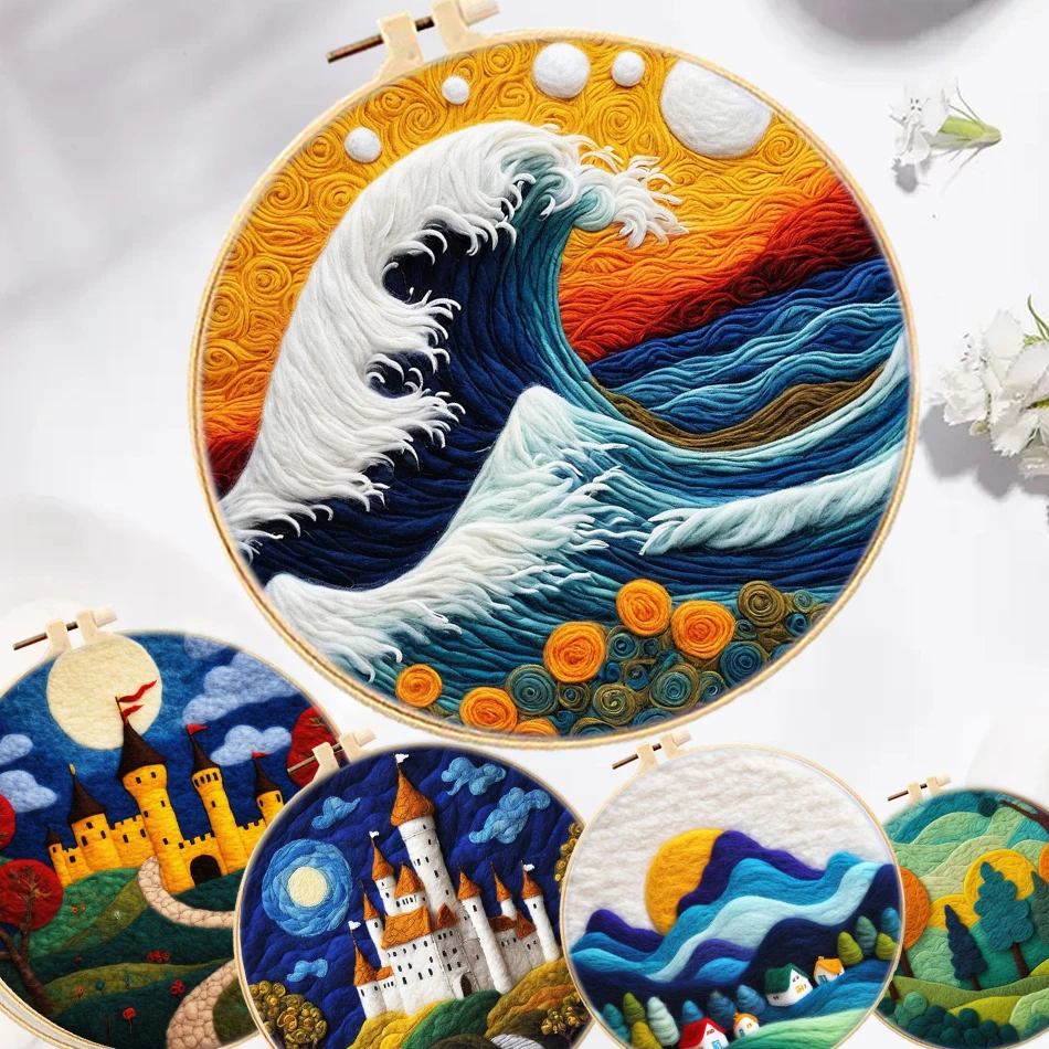 

GATYZTORY Sea Wave Needle Felting Starter Kit For Beginners Castle Scenery Diy Needle Wool Felting Painting Art For Craft Gift