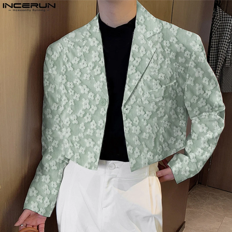 

INCERUN Men Blazer Flower Jacquard Lapel Long Sleeve Crop Coats Men Streetwear Autumn 2025 One Button Fashion Casual Male Suit