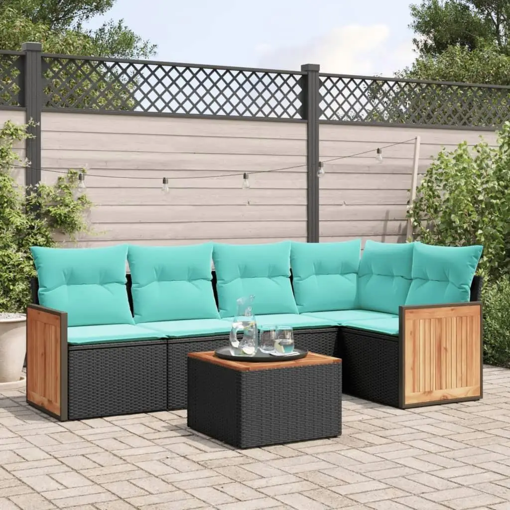 

Cozy 6 Piece Outdoor Patio Sofa Set with Cushions Black Poly Rattan Furniture