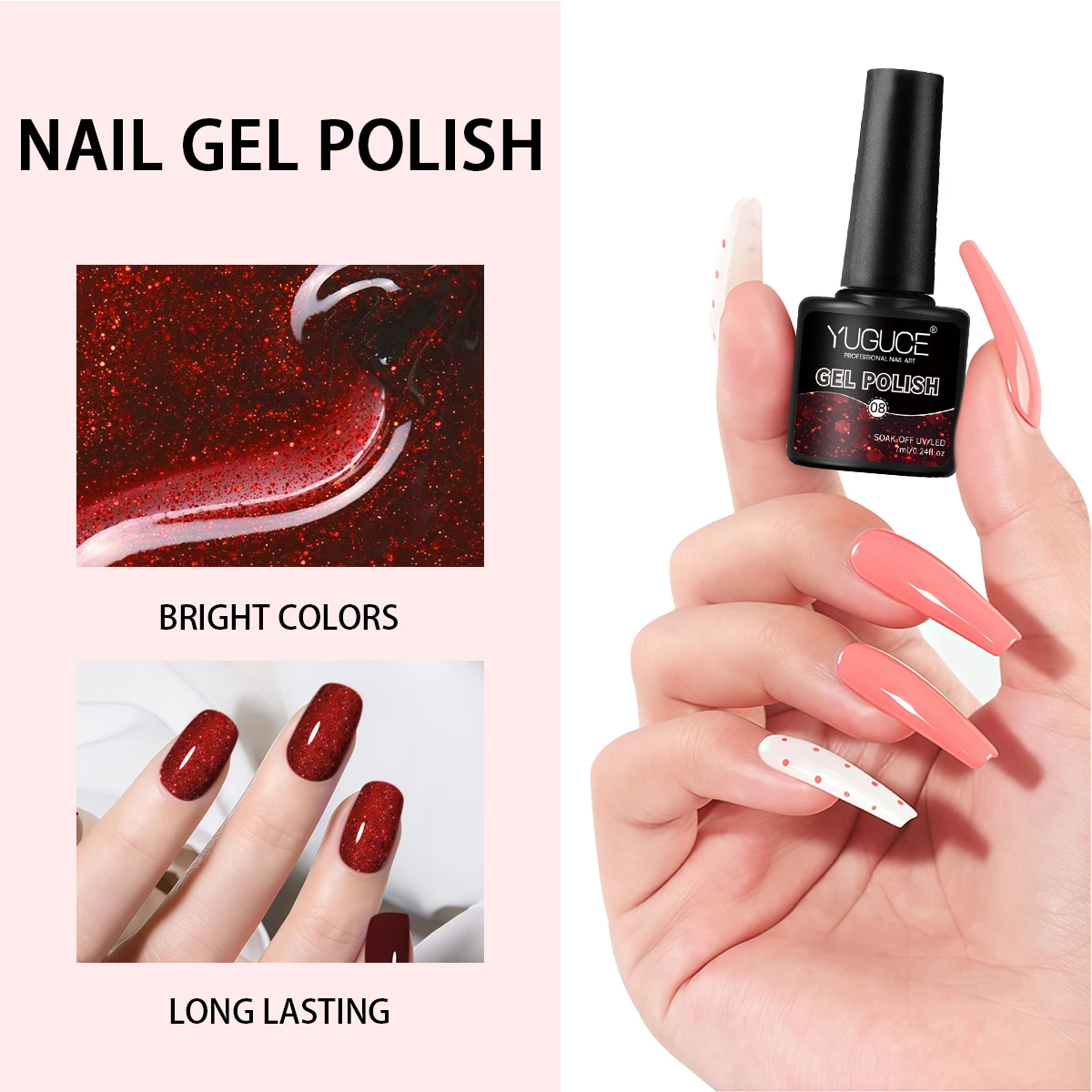 Yuguce 6-teiliges funkelndes Glitzer-Nagelgel-Set, satte Textur, formaldehydfrei, UV/LED-Härtung, rosa/rote Serie, perfektes Weihnachtsgeschenkbox-Set für Mädchen, Neujahrs-Nagelkunst