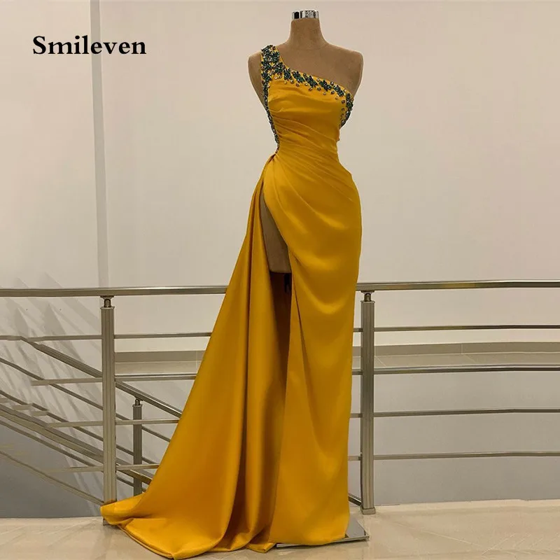 

Smileven Gold Plearls Mermaid Evening Dresses Beading One Shoulder Prom Dress Side Split Saudi Arabia Straps Party Dress 2023