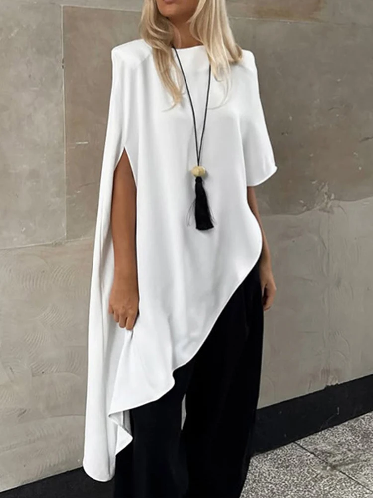 

Trendix White Asymmetric Pullover Top Women 2025 Autumn Fashion Short Sleeve T Shirts Street Hip Hop Party Loose Shirts Fall New