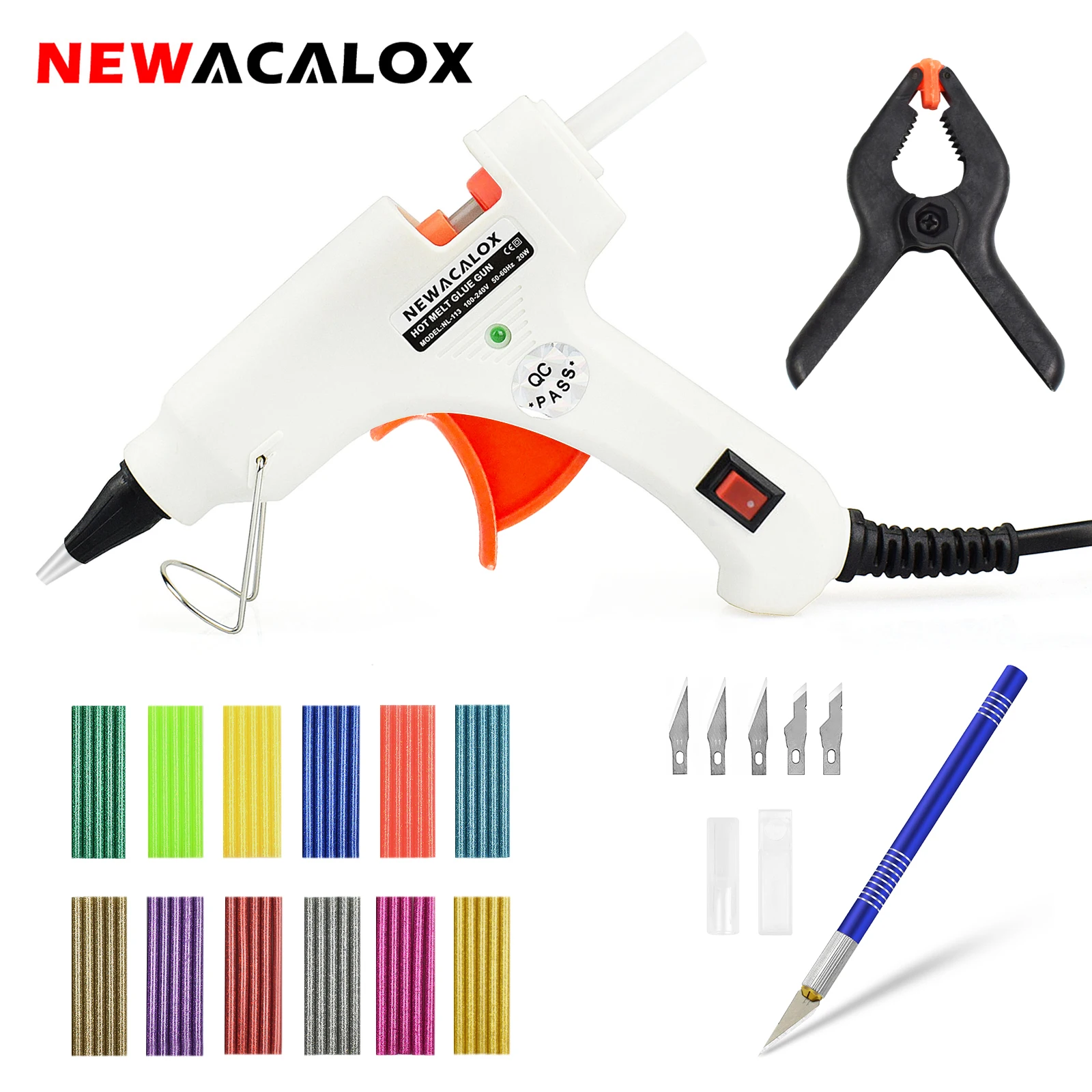 

NEWACALOX 20W EU Plug Hot Melt Glue Gun with 20pc /60Pc7mm Glue Stick Industrial Mini Gun Thermo Electric Heat Temperature Tool