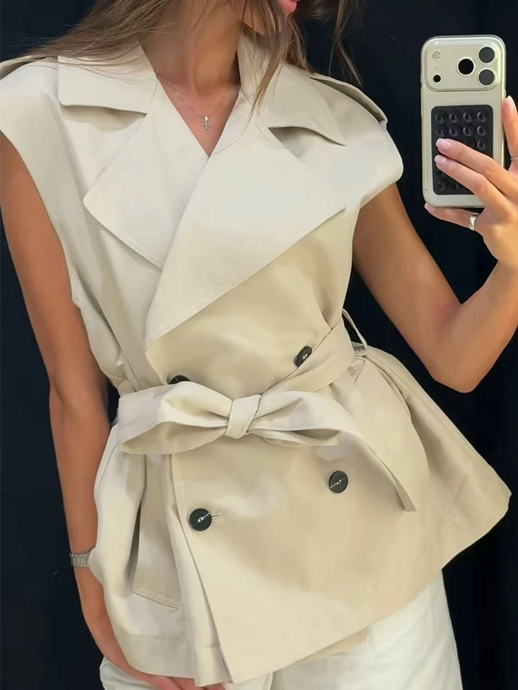 Women's Vest 2026 Autumn New Solid Sleeveless Double-Breasted Belted Loose Tank Tops Jacket Commuter Fashion Lady Waistcoat